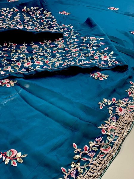 Navy Blue Rangoli Silk Saree with Floral Embroidery and Cutwork Border Wedding Wear Embroidery Sarees Wholesale