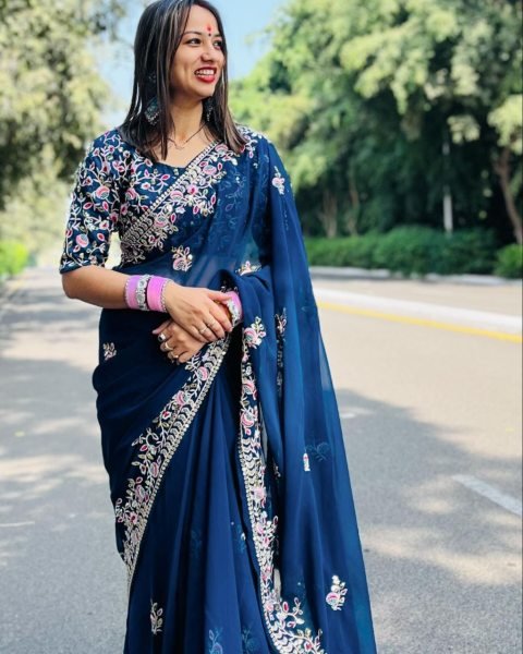 Navy Blue Rangoli Silk Saree with Floral Embroidery and Cutwork Border Wedding Wear Embroidery Sarees Wholesale