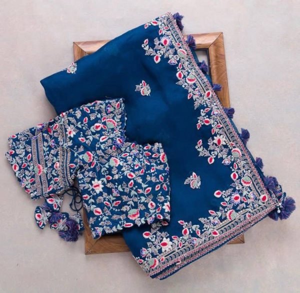 Navy Blue Rangoli Silk Saree with Floral Embroidery and Cutwork Border Wedding Wear Embroidery Sarees Wholesale
