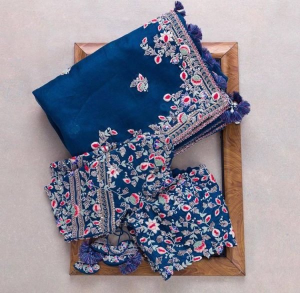 Navy Blue Rangoli Silk Saree with Floral Embroidery and Cutwork Border Wedding Wear Embroidery Sarees Wholesale