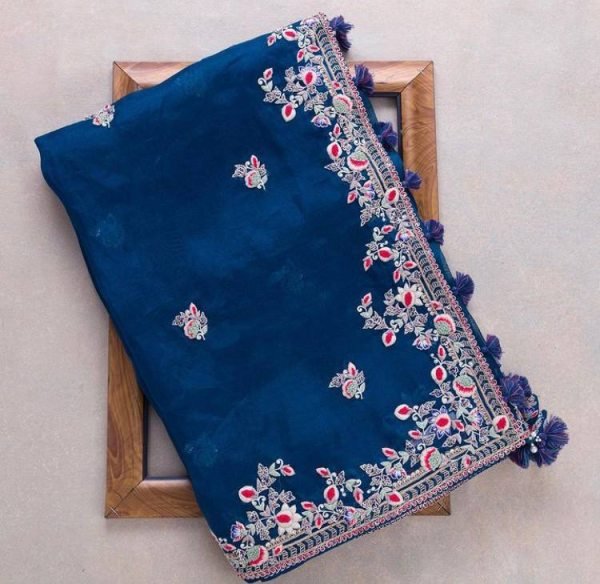 Navy Blue Rangoli Silk Saree with Floral Embroidery and Cutwork Border Wedding Wear Embroidery Sarees Wholesale