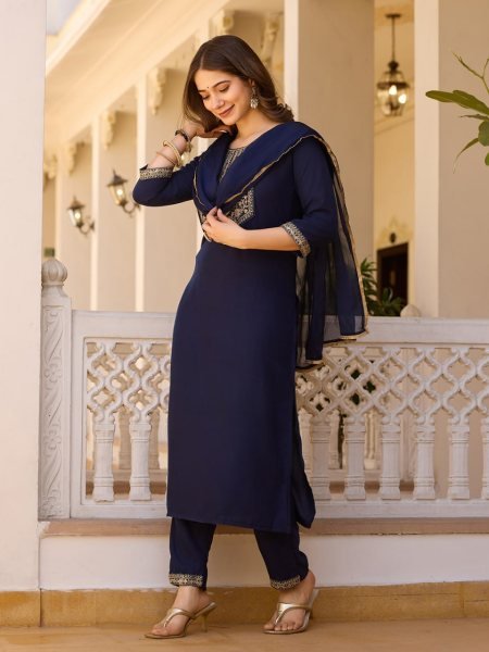 Summer Collection Navy Blue Rayon Embroidery Designer Churidar Suit 3 Piece Kurti Set