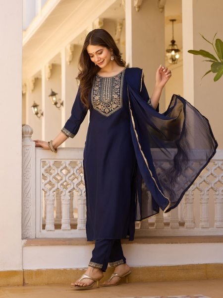 Summer Collection Navy Blue Rayon Embroidery Designer Churidar Suit 3 Piece Kurti Set
