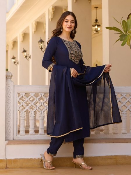 Summer Collection Navy Blue Rayon Embroidery Designer Churidar Suit 3 Piece Kurti Set