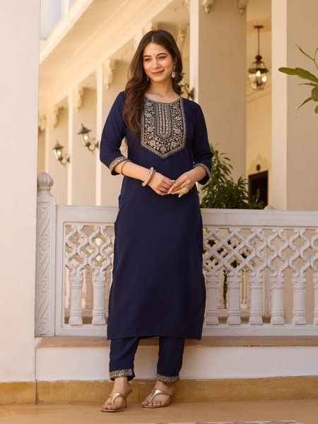 Summer Collection Navy Blue Rayon Embroidery Designer Churidar Suit 3 Piece Kurti Set
