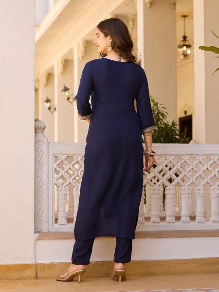 Summer Collection Navy Blue Rayon Embroidery Designer Churidar Suit 3 Piece Kurti Set