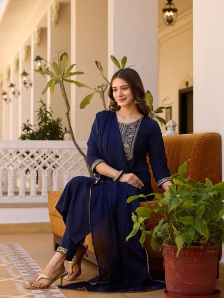 Summer Collection Navy Blue Rayon Embroidery Designer Churidar Suit 3 Piece Kurti Set