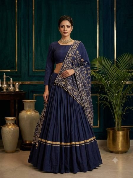 Navy Blue Rayon Lehenga Choli with Gota Patti Lace and Embroidered Dupatta For Navratri  Lehenga