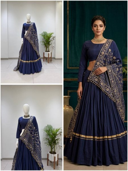 Navy Blue Rayon Lehenga Choli with Gota Patti Lace and Embroidered Dupatta For Navratri Navratri Lehnega Choli
