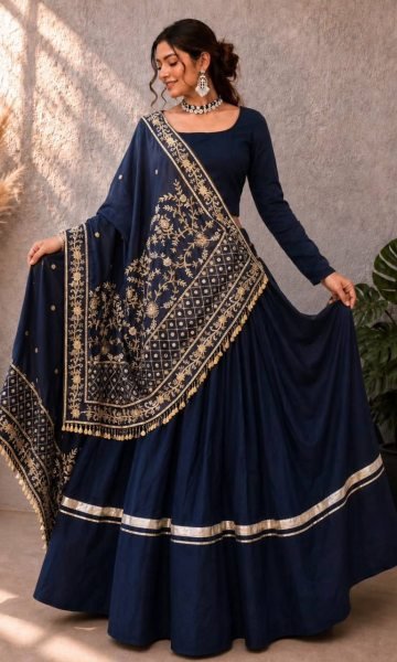 Navy Blue Rayon Lehenga Choli with Gota Patti Lace and Embroidered Dupatta For Navratri Navratri Lehnega Choli
