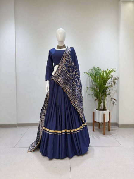 Navy Blue Rayon Lehenga Choli with Gota Patti Lace and Embroidered Dupatta For Navratri Navratri Lehnega Choli