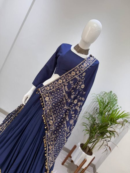 Navy Blue Rayon Lehenga Choli with Gota Patti Lace and Embroidered Dupatta For Navratri Navratri Lehnega Choli