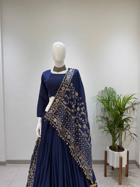 Navy Blue Rayon Lehenga Choli with Gota Patti Lace and Embroidered Dupatta For Navratri Navratri Lehnega Choli