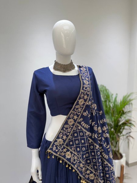 Navy Blue Rayon Lehenga Choli with Gota Patti Lace and Embroidered Dupatta For Navratri Navratri Lehnega Choli