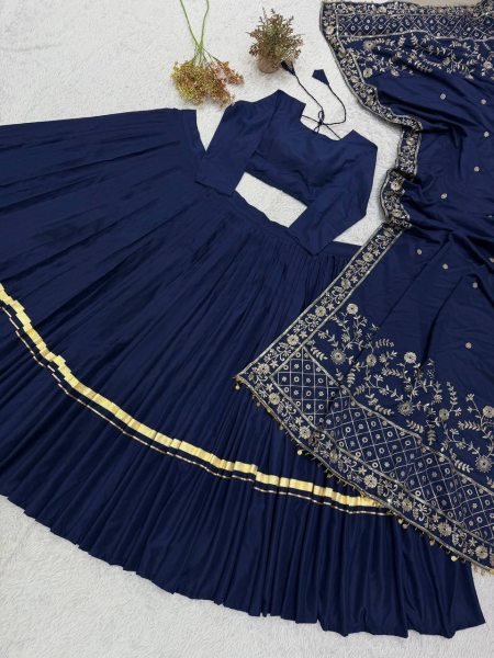 Navy Blue Rayon Lehenga Choli with Gota Patti Lace and Embroidered Dupatta For Navratri Navratri Lehnega Choli