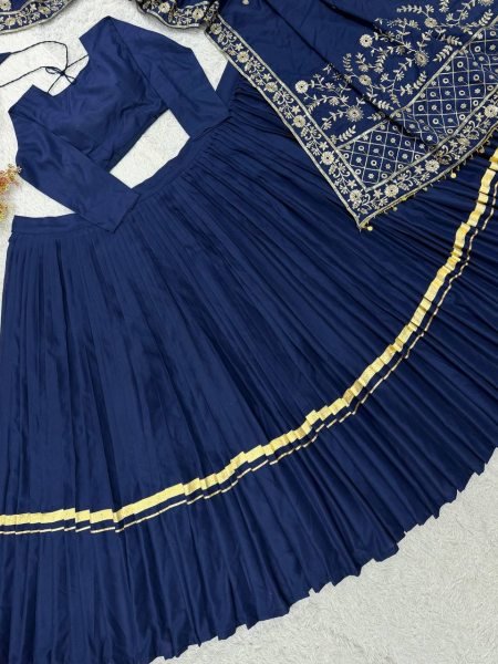 Navy Blue Rayon Lehenga Choli with Gota Patti Lace and Embroidered Dupatta For Navratri Navratri Lehnega Choli