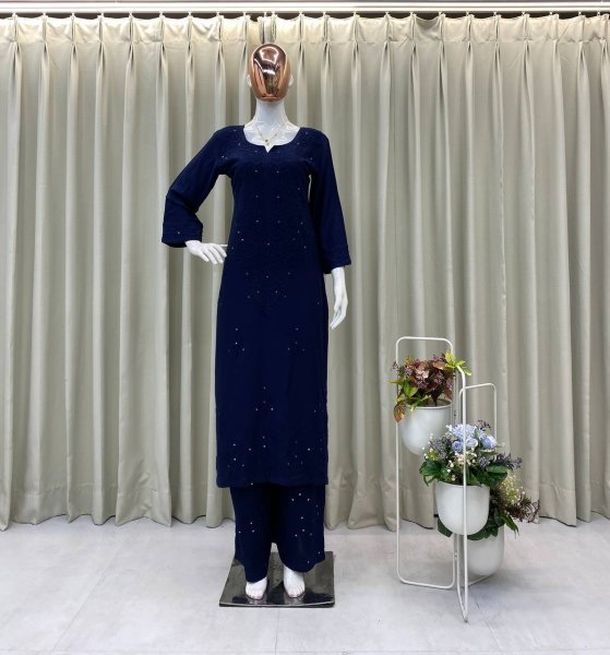 Navy Blue Rayon Palazzo Set with Heavy Sequin Work Party Wear Embroidery Kurtis 