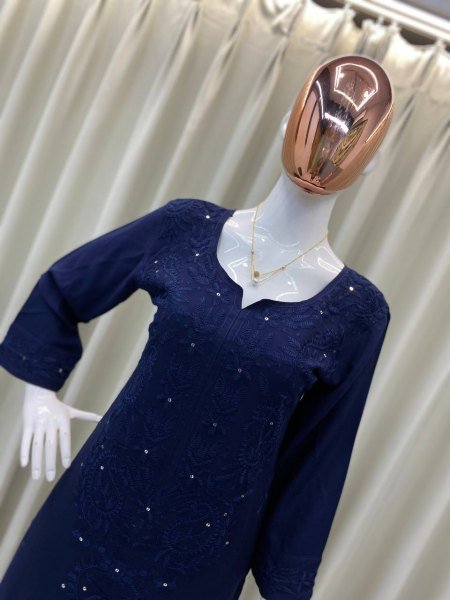 Navy Blue Rayon Palazzo Set with Heavy Sequin Work Party Wear Embroidery Kurtis 