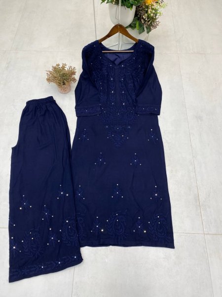 Navy Blue Rayon Palazzo Set with Heavy Sequin Work Party Wear Embroidery Kurtis 
