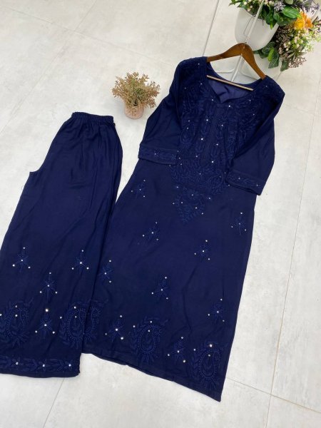 Navy Blue Rayon Palazzo Set with Heavy Sequin Work Party Wear Embroidery Kurtis 