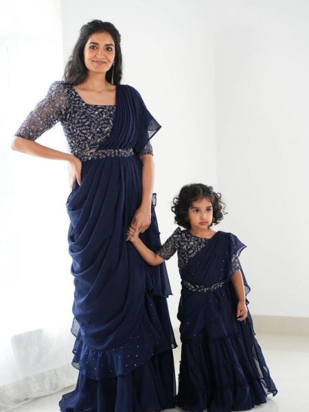Navy Blue Ruffle Style Lehenga Saree with Mirror Work Blouse Mom and Kid Set for Wedding Functions  Kurtis