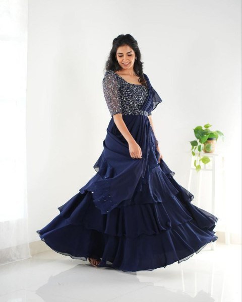 Navy Blue Ruffle Style Lehenga Saree with Mirror Work Blouse Mom and Kid Set for Wedding Functions  Mom-Doughter Collection