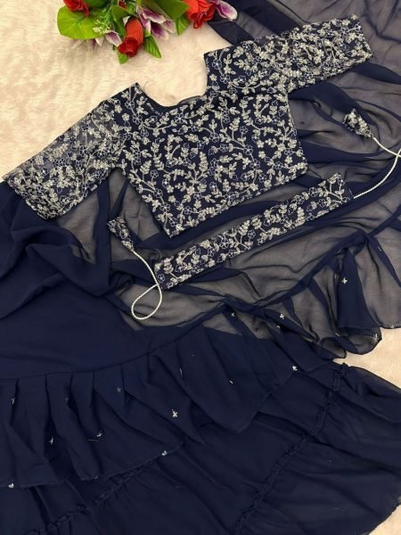Navy Blue Ruffle Style Lehenga Saree with Mirror Work Blouse Mom and Kid Set for Wedding Functions  Mom-Doughter Collection
