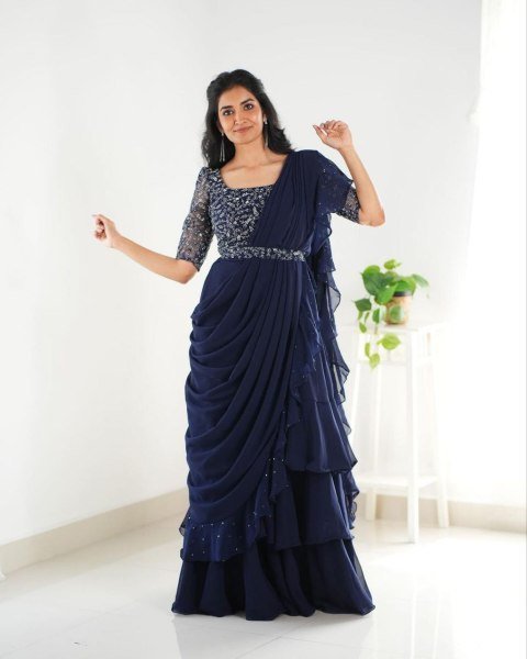 Navy Blue Ruffle Style Lehenga Saree with Mirror Work Blouse Mom and Kid Set for Wedding Functions  Mom-Doughter Collection