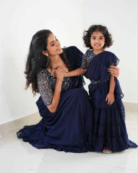 Navy Blue Ruffle Style Lehenga Saree with Mirror Work Blouse Mom and Kid Set for Wedding Functions  Mom-Doughter Collection