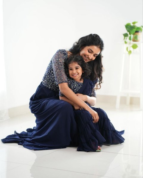 Navy Blue Ruffle Style Lehenga Saree with Mirror Work Blouse Mom and Kid Set for Wedding Functions  Mom-Doughter Collection