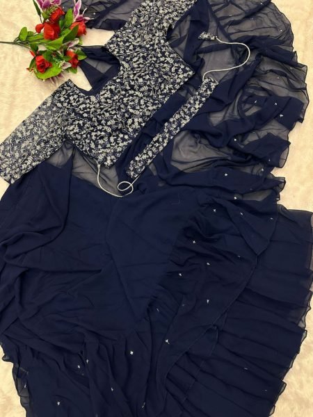 Navy Blue Ruffle Style Lehenga Saree with Mirror Work Blouse Mom and Kid Set for Wedding Functions  Mom-Doughter Collection