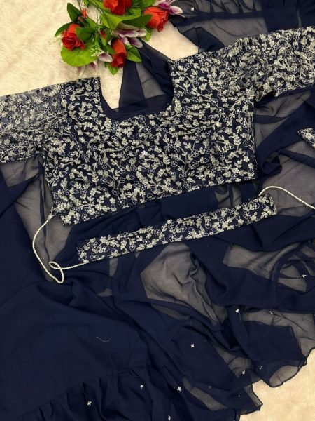Navy Blue Ruffle Style Lehenga Saree with Mirror Work Blouse Mom and Kid Set for Wedding Functions  Mom-Doughter Collection