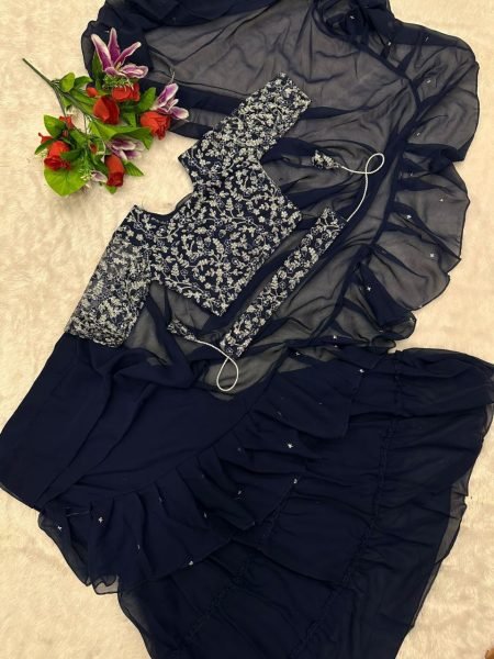 Navy Blue Ruffle Style Lehenga Saree with Mirror Work Blouse Mom and Kid Set for Wedding Functions  Mom-Doughter Collection