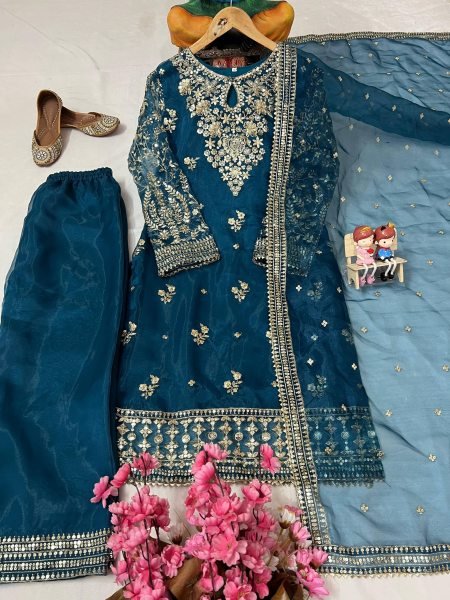 Navy Blue Organza Suit with Palazzo and Zari Dupatta Partywear Set Ready To Wear Collection