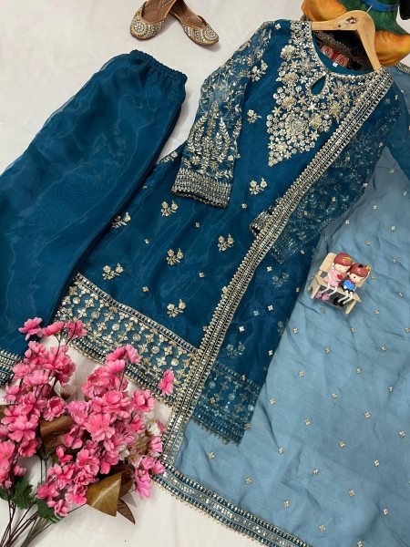 Navy Blue Organza Suit with Palazzo and Zari Dupatta Partywear Set Ready To Wear Collection
