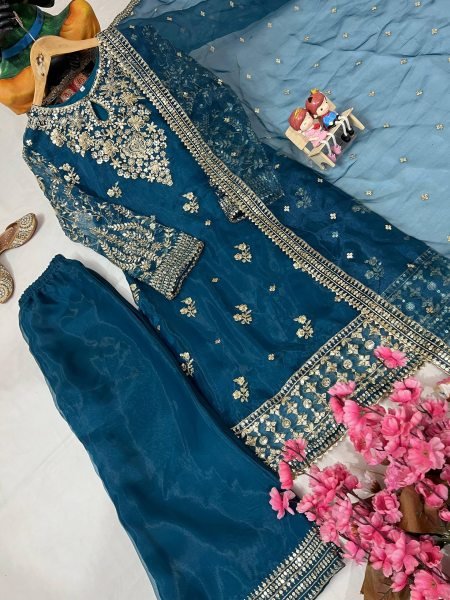 Navy Blue Organza Suit with Palazzo and Zari Dupatta Partywear Set Ready To Wear Collection