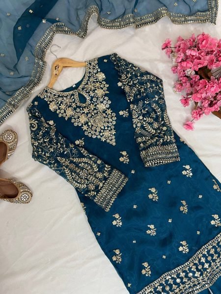 Navy Blue Organza Suit with Palazzo and Zari Dupatta Partywear Set Ready To Wear Collection