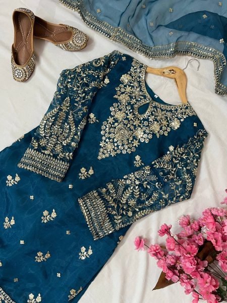 Navy Blue Organza Suit with Palazzo and Zari Dupatta Partywear Set Ready To Wear Collection