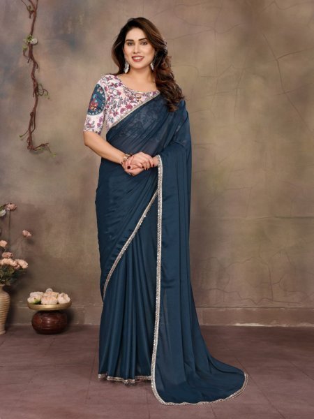 Navy Blue Star Georgette Saree with Real Mirror Work  Sarees 