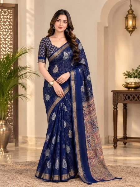 Navy Blue Stylish Cotton Jacquard Saree with Contrast Print and Pallu Tassels  Sarees 