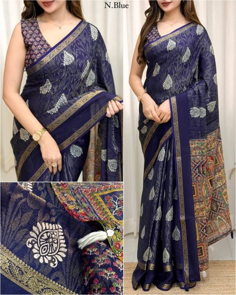 Navy Blue Stylish Cotton Jacquard Saree with Contrast Print and Pallu Tassels  Printed Cotton Sarees Wholesale