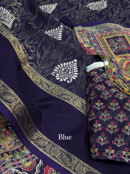 Navy Blue Stylish Cotton Jacquard Saree with Contrast Print and Pallu Tassels  Printed Cotton Sarees Wholesale