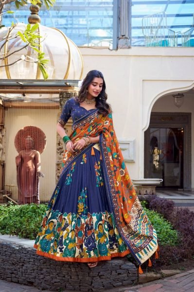 Navy Blue Tussar Silk Wedding Lehenga Choli Kalamkari Print with Elegant Foil Detailing Wholesale Price Half Saree Lehenga