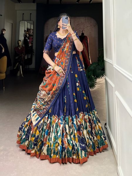 Navy Blue Tussar Silk Wedding Lehenga Choli Kalamkari Print with Elegant Foil Detailing Wholesale Price Half Saree Lehenga