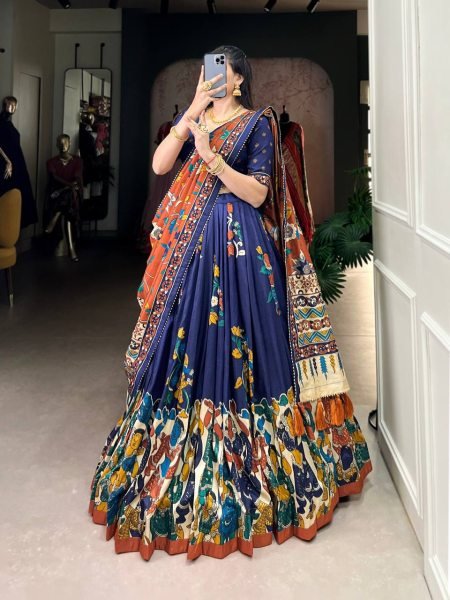 Navy Blue Tussar Silk Wedding Lehenga Choli Kalamkari Print with Elegant Foil Detailing Wholesale Price Half Saree Lehenga