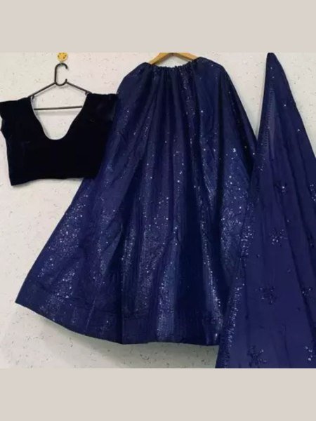 Navy Blue Two Tone Tapeta Silk Lehenga with Sequins Work  Velvet Blouse   Chinon Dupatta Wholesale Manufacturer Rate  Lehenga