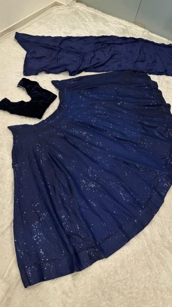 Navy Blue Two Tone Tapeta Silk Lehenga with Sequins Work  Velvet Blouse   Chinon Dupatta Wholesale Manufacturer Rate Designer Lehenga Choli