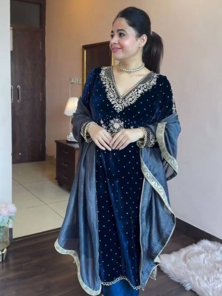 Navy Blue Velvet Suit with Intricate Thread Work and Moti Work for Women Ready To Wear Collection