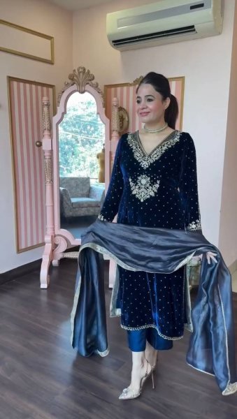 Navy Blue Velvet Suit with Intricate Thread Work and Moti Work for Women Ready To Wear Collection