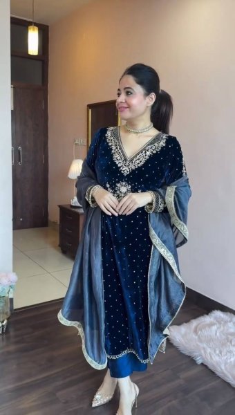 Navy Blue Velvet Suit with Intricate Thread Work and Moti Work for Women Ready To Wear Collection